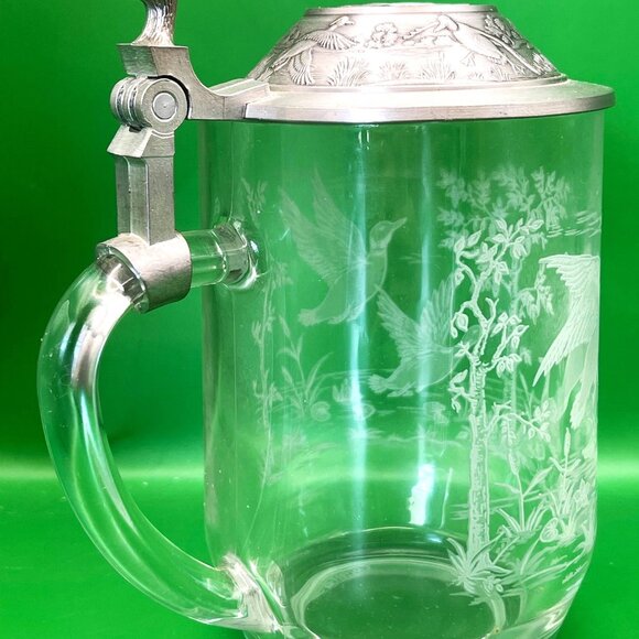 Vintage Etched Glass Beer Stein Tankard Lid Duck Goose Pond Scene Germany France - Picture 3 of 14